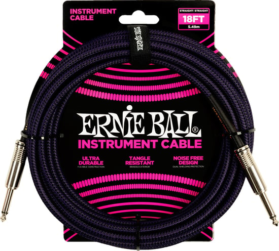 Ernie Ball 6395 Braided Instrument Cable, 18ft/5.5m, Purple/Black