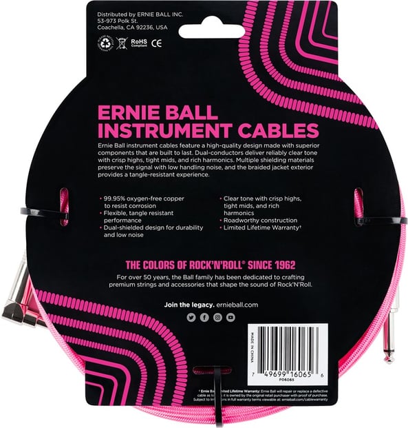 Ernie Ball Instrument Cable 25ft Neon Pink Back