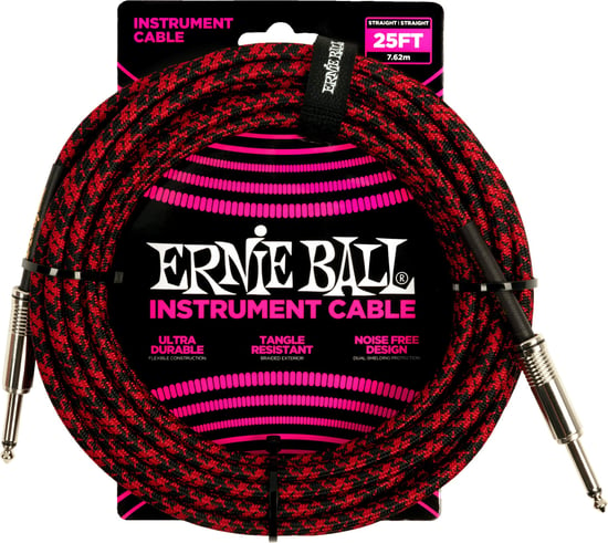 Ernie Ball 6398 Braided Instrument Cable, 25ft/7.6m, Red/Black